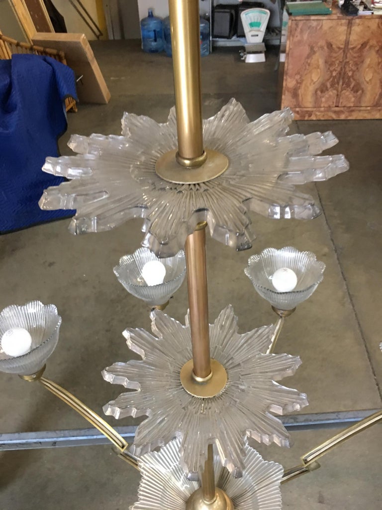 Bronze Modernist Lighting Bolt Chandelier with Holophane Glass Fixtures