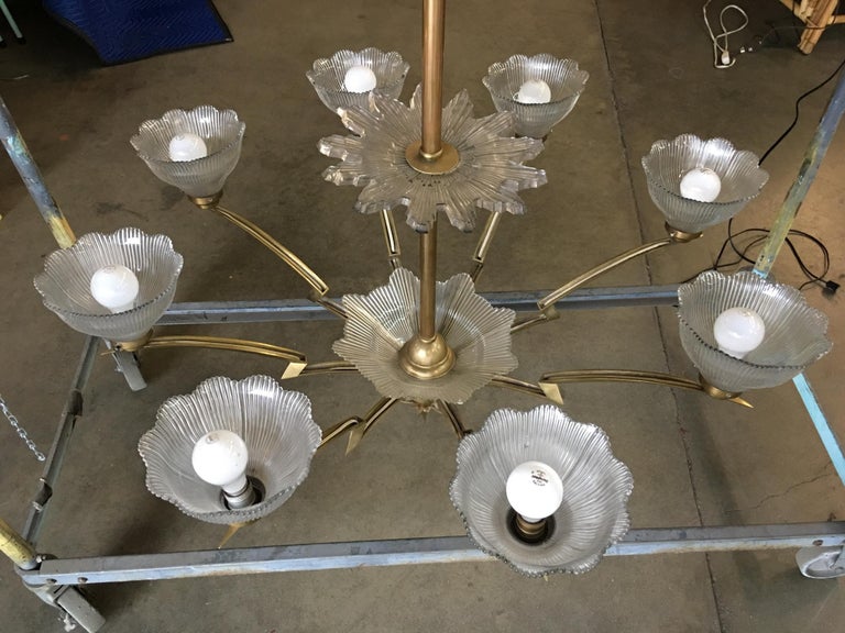 Bronze Modernist Lighting Bolt Chandelier with Holophane Glass Fixtures