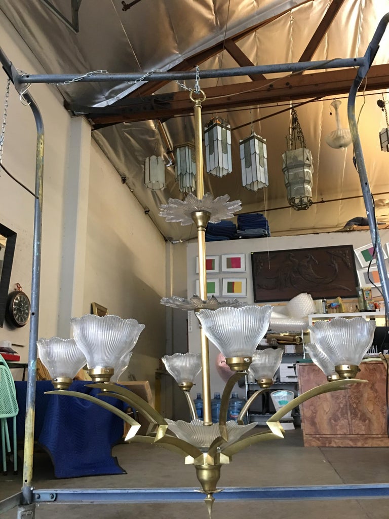 Bronze Modernist Lighting Bolt Chandelier with Holophane Glass Fixtures