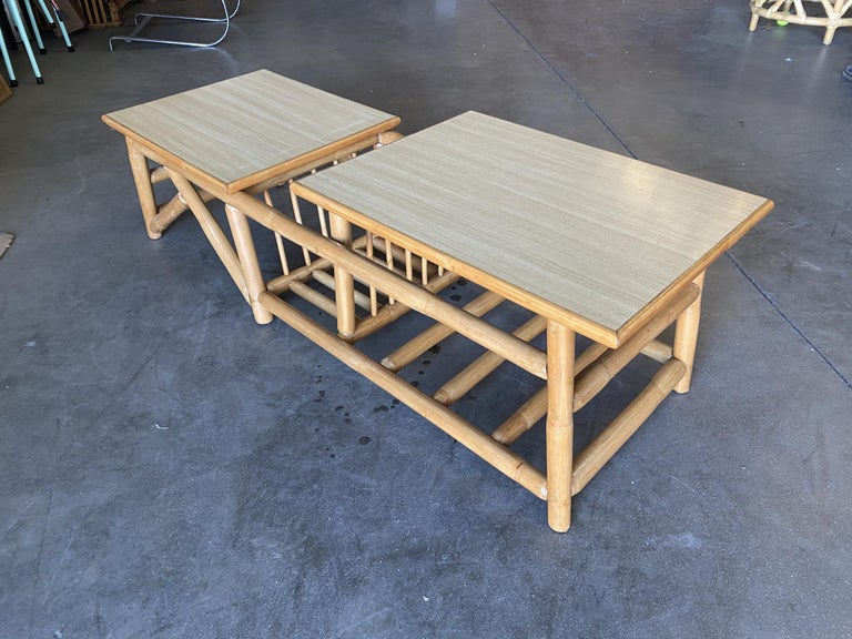 Restored Asymmetric Two-Tier Rattan Coffee Table with Architectural Base
