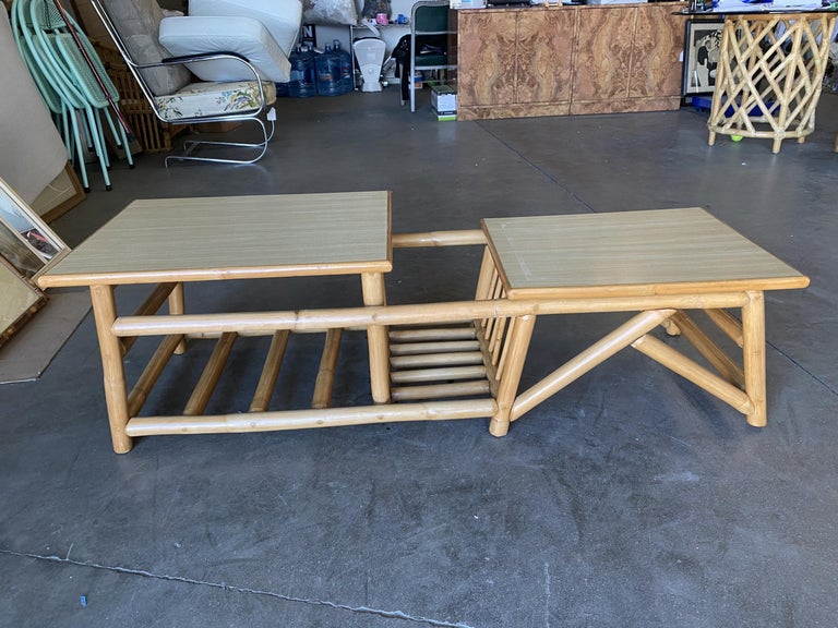 Restored Asymmetric Two-Tier Rattan Coffee Table with Architectural Base
