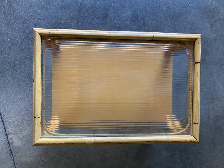 Restored Stick Rattan Two-Tier Coffee Table with Ribbed Glass Top