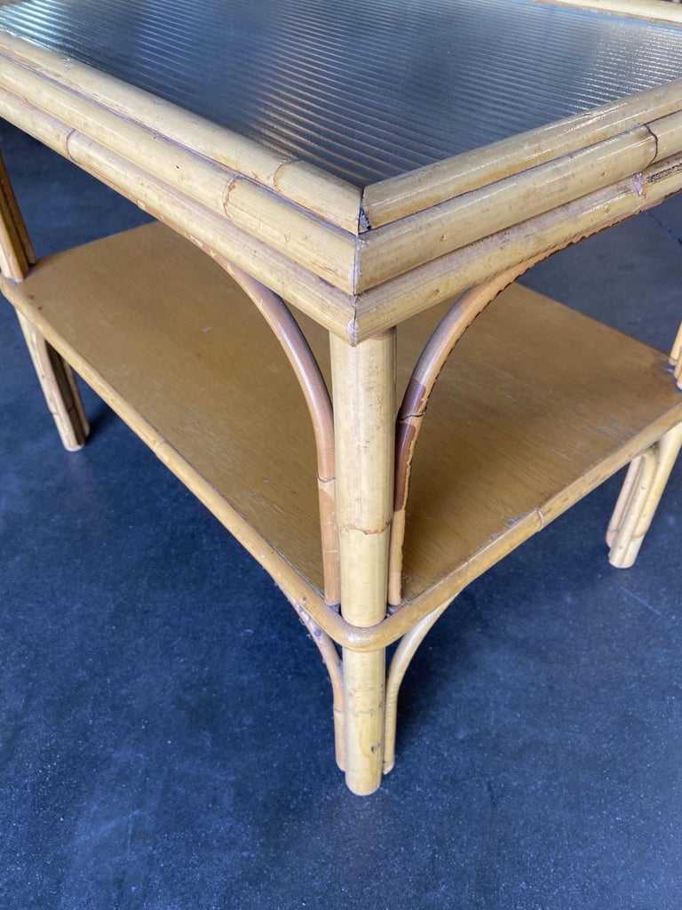 Restored Stick Rattan Two-Tier Coffee Table with Ribbed Glass Top