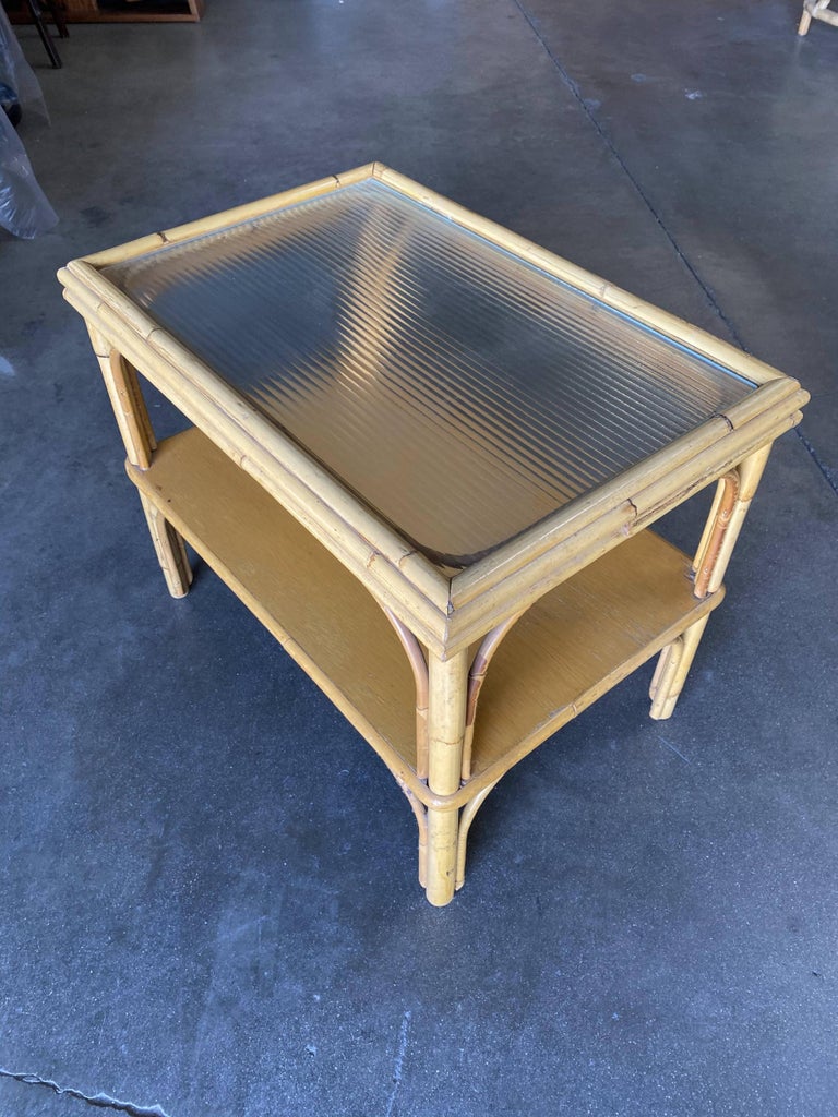 Restored Stick Rattan Two-Tier Coffee Table with Ribbed Glass Top