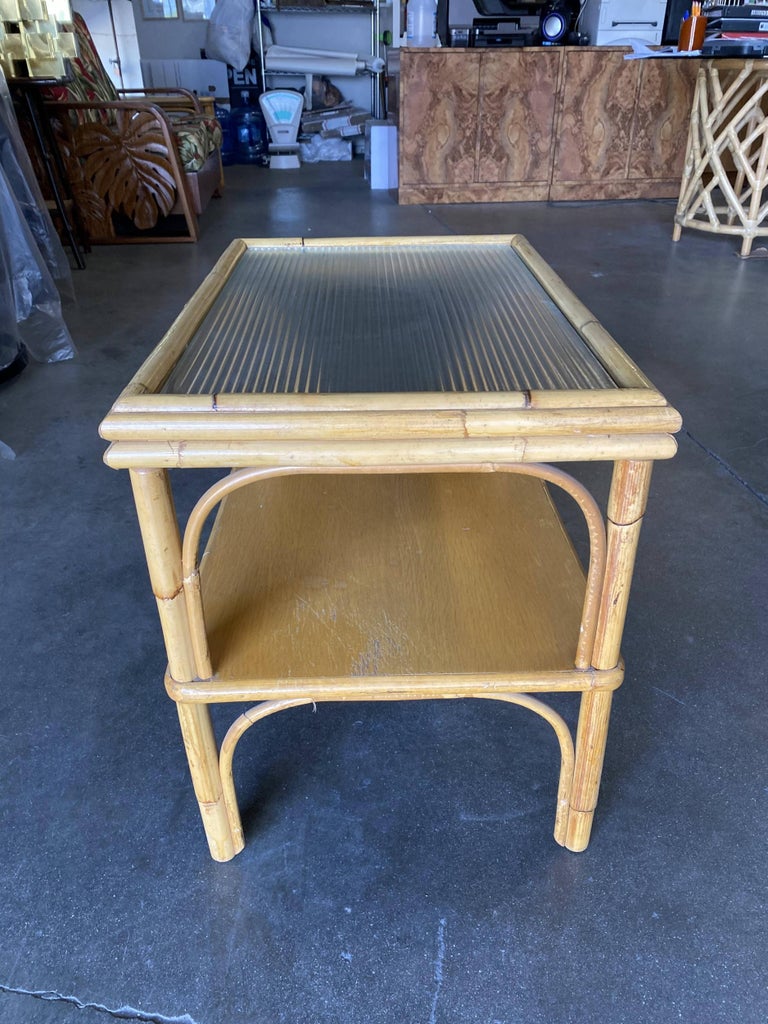 Restored Stick Rattan Two-Tier Coffee Table with Ribbed Glass Top
