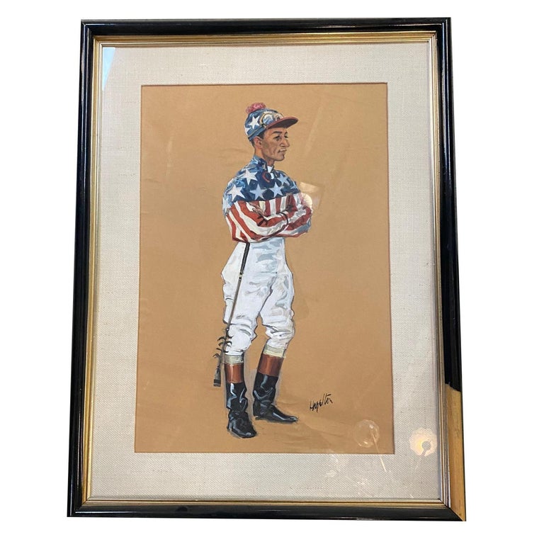 Pastel on Paper Horse Racing Jockey by Hagulaton, Pair
