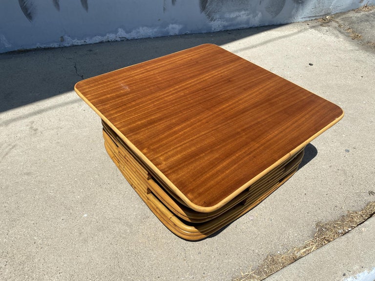 Restored Stacked Slat Rattan Cocktail Table with Cutouts and Mahogany Top