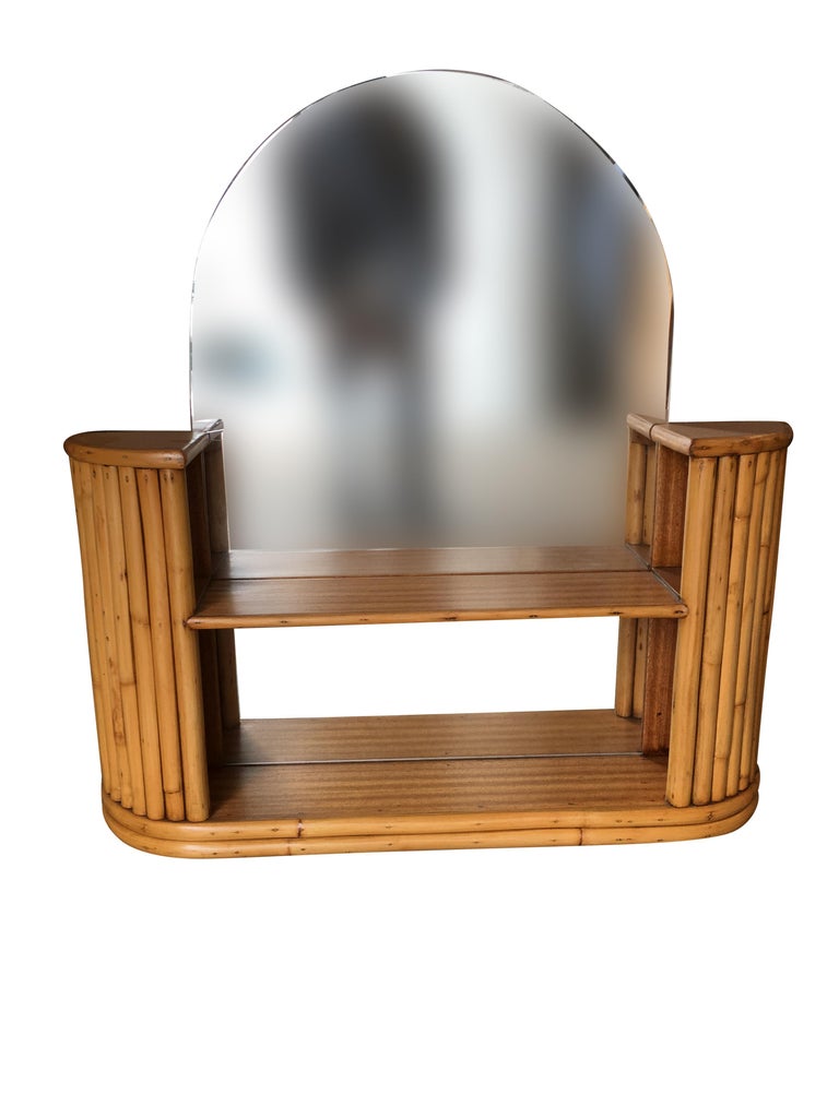 Post War Rattan Vanity Table Console Mirror with Shelf