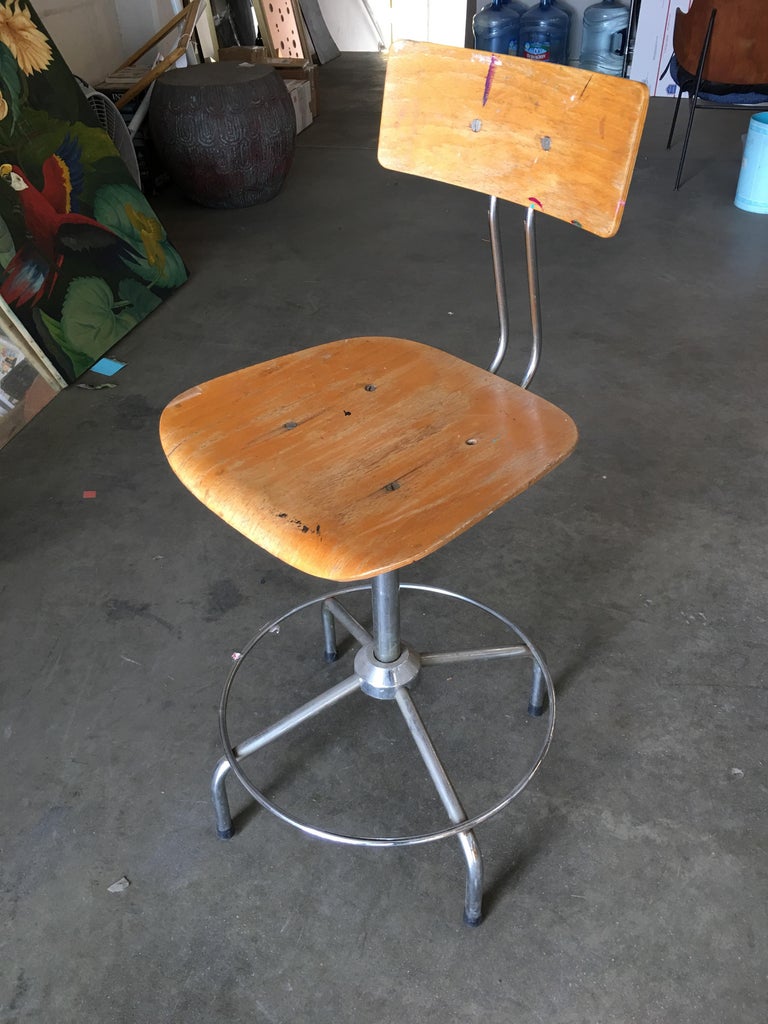 Italian Chrome and Formed Birch Plywood Artist Drafting Work Chair