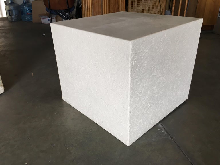 Large White Cube Pedestal Side Tables with Crane Relief, Pair of 1980s