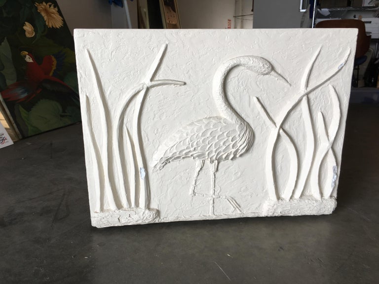 Large White Cube Pedestal Side Tables with Crane Relief, Pair of 1980s