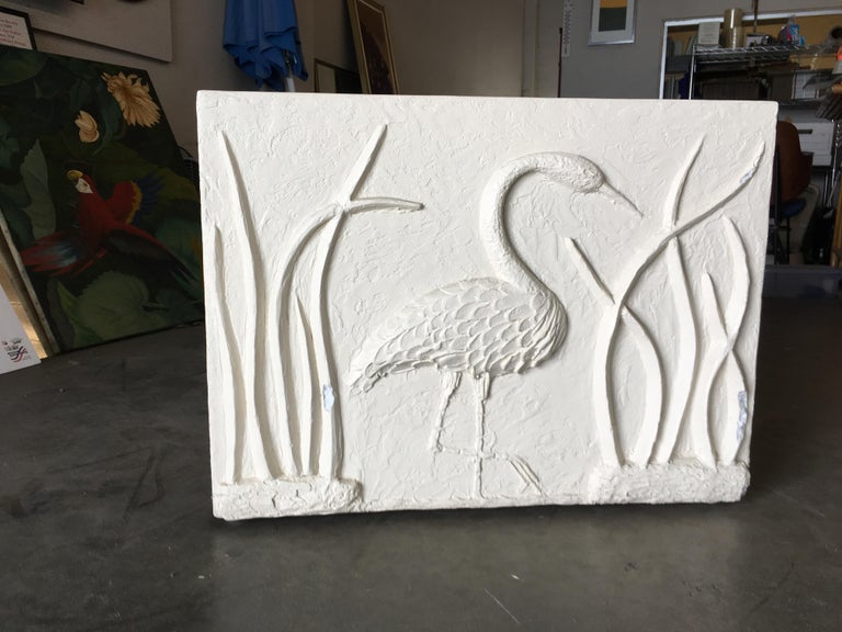 Large White Cube Pedestal Side Tables with Crane Relief, Pair of 1980s