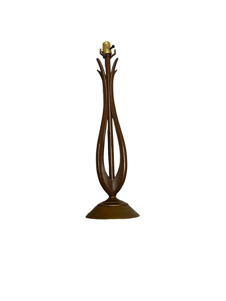 Modernist Harp Shaped Sculptural Walnut and Brass Tone Table Lamp, Pair