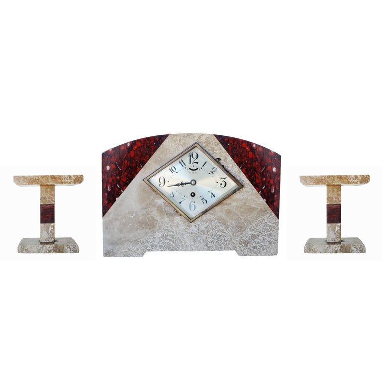French Two-tone Marble Art Deco Mantel Clock Set With Matching Garniture