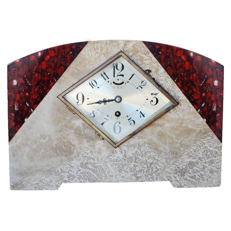 French Two-tone Marble Art Deco Mantel Clock Set With Matching Garniture