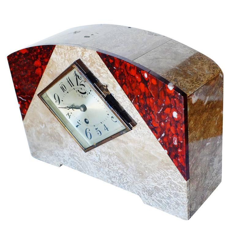 French Two-tone Marble Art Deco Mantel Clock Set With Matching Garniture