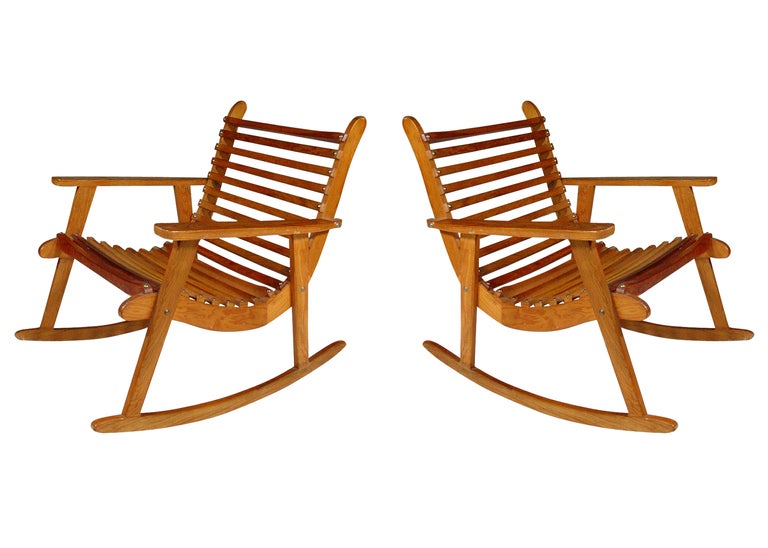 Mid-century Slat Wood Easy Rocking Chair by Michael Van Beuren for Domus, Pair