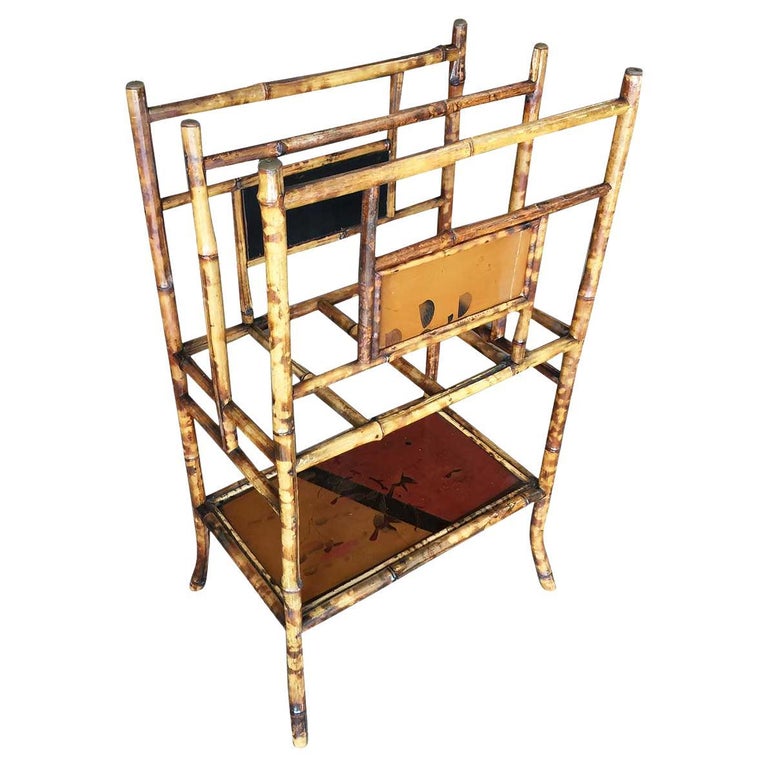 Restored Aesthetic Movement Large Two-Tier Tiger Bamboo Magazine Rack w/ Divider