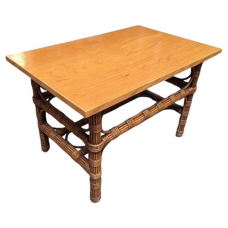Restored Stick Rattan Side Table with Bleached Mahogany Top