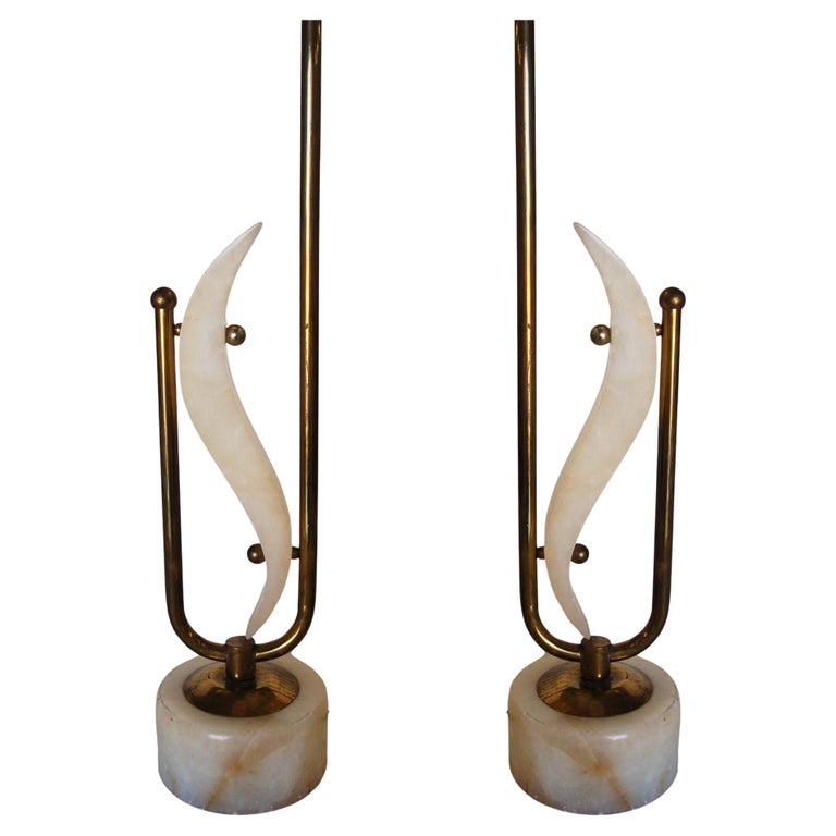 Pair of Freeform Marble and Brass Abstract Sculptural Table Lamps