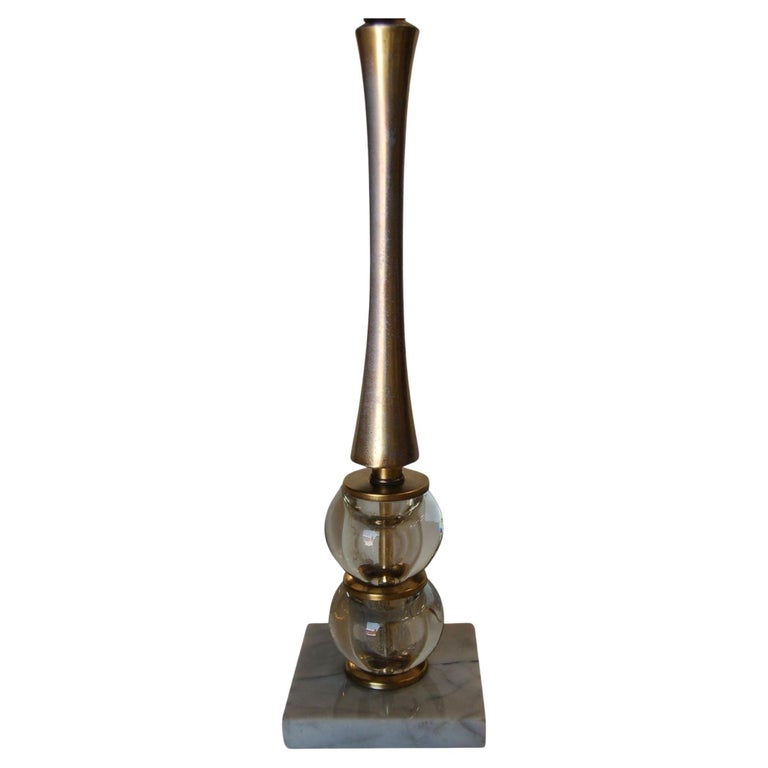Pair of Stacked Crystal Ball Bottle Neck Table Lamps on Marble Base