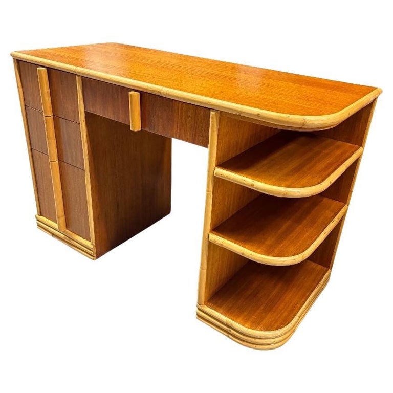 Streamline Mahogany and Rattan Writing Desk with Rattan Pulls & Shelf