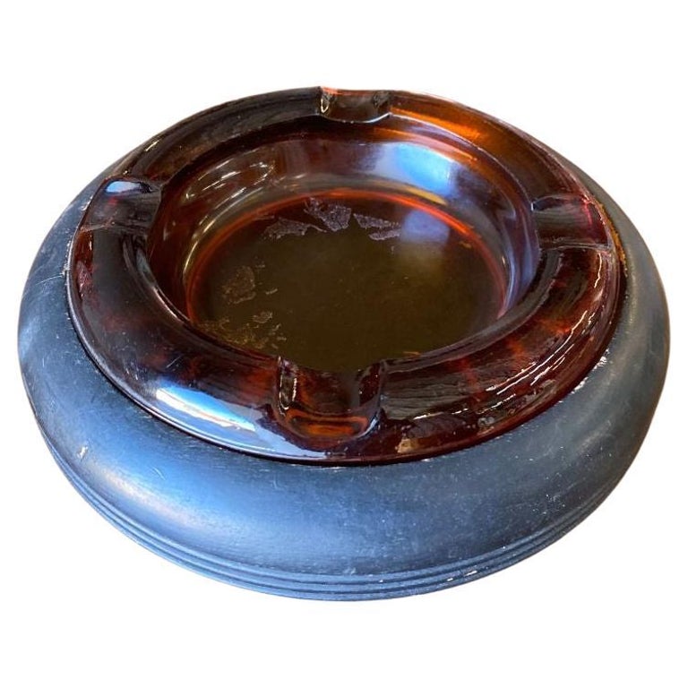 Round Dark Gold Amber 8" Glass Art Deco Ashtray w/ Ebony Holder