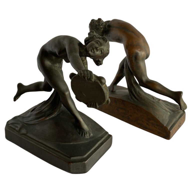 Art Nouveau Nude Female Nymph Cast Bronze Bookends, Pair
