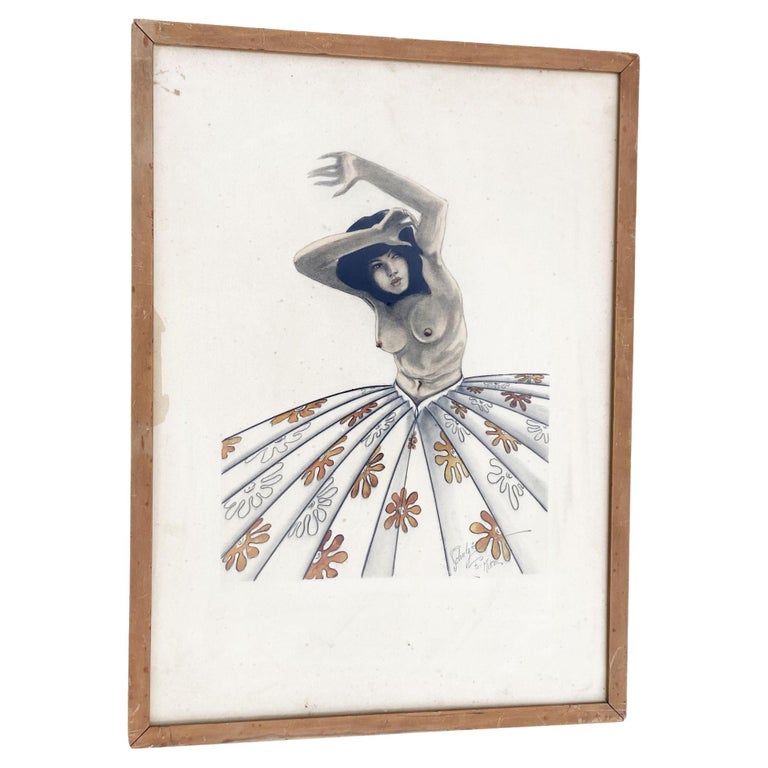 Post War Tropical Nude Color Pencil Drawling Signed Schultz