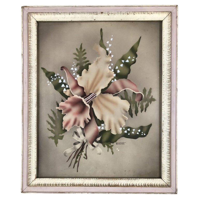 Airbrushed Daffodil Flowers with Bow Mid Century Art Signed by Terone