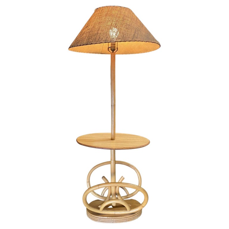 Restored Rare Mid Century Rattan Pole Floor Lamp & Drink Stand w Magazine Holder