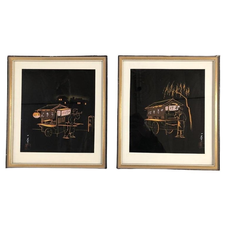 Mid Century Black and Gold Rickshaw Japanese Style Scenic Signed, Pair