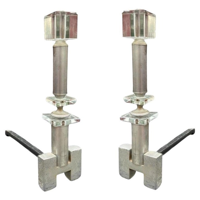 Hollywood Regency Crystal & Chrome "H" Fireplace Andirons, Pair