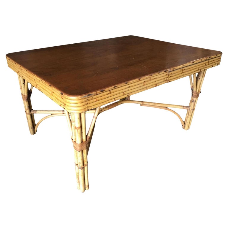 Restored Six Person Rattan Dining Table W/ Stacked Mahogany Top
