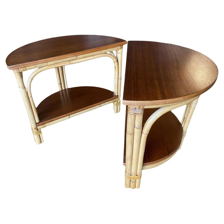 Restored "Half-Round" Side Rattan Coffee Table Pair with Solid Mahogany Top