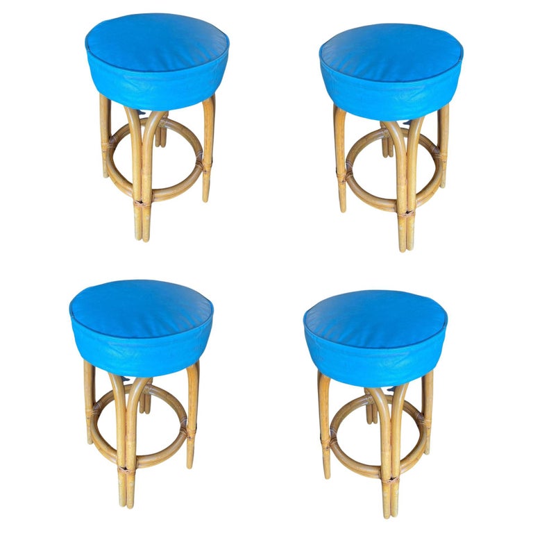 Restored Single Stand Arched Rattan Bar Stool w/ Teal Green Seat, Set of Four