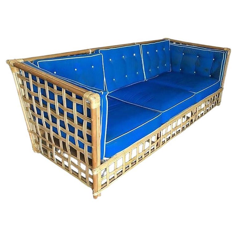 Restored Milo Baughman Style Stick Reed Rattan Cubists Sofa
