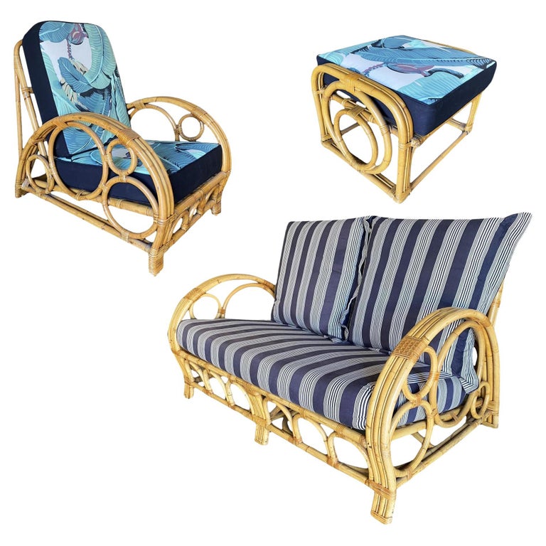 Restored 3-Strand "Circles and Speed" Rattan Settee, Lounge Chair & Ottoman