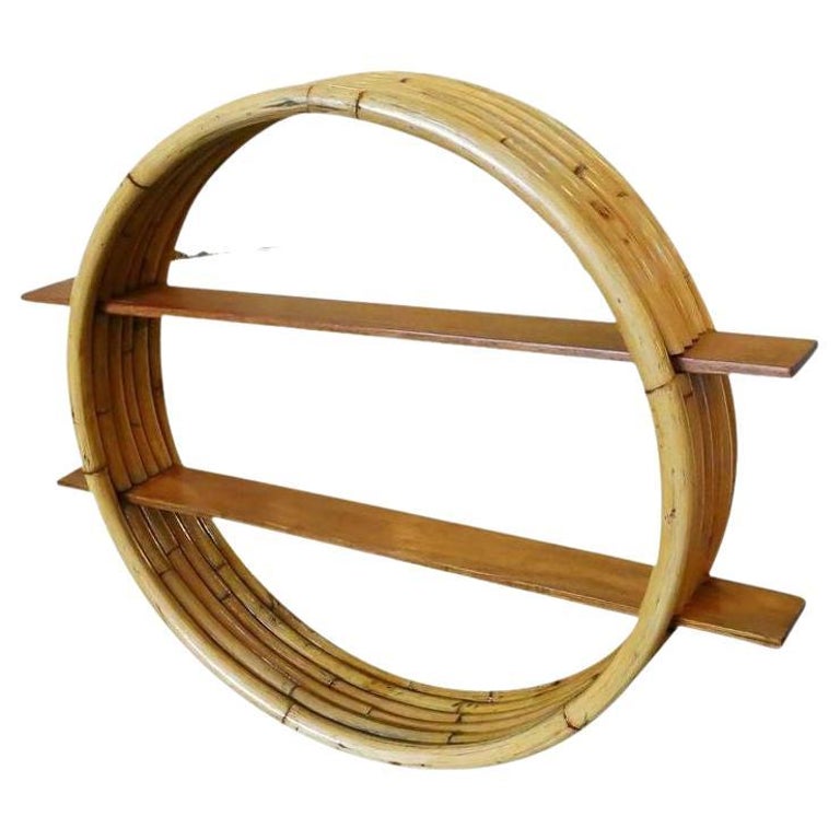 Restored Midcentury Circular Rattan Wall Shelf with Mahogany Slats