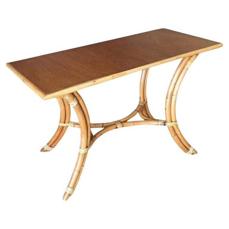 Restored Rattan "Hour Glass" Sofa/Console Table with Mahogany Top