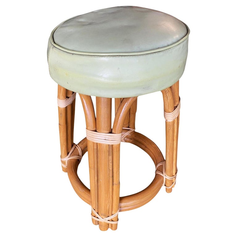 Restored Single Stand Arched Rattan Vanity Stool W/ Teal Seat