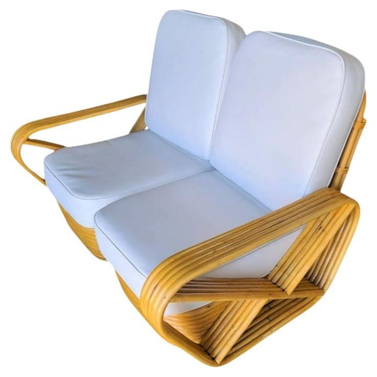 Restored 5-Strand Square Square Pretzel Rattan Settee w/ Stacked Base