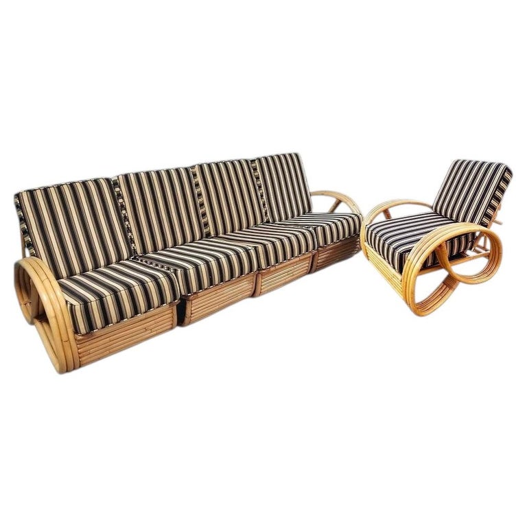 Restored MCM 3/4 Pretzel Rattan Sectional Sofa & Recliner Chair Living Room Set