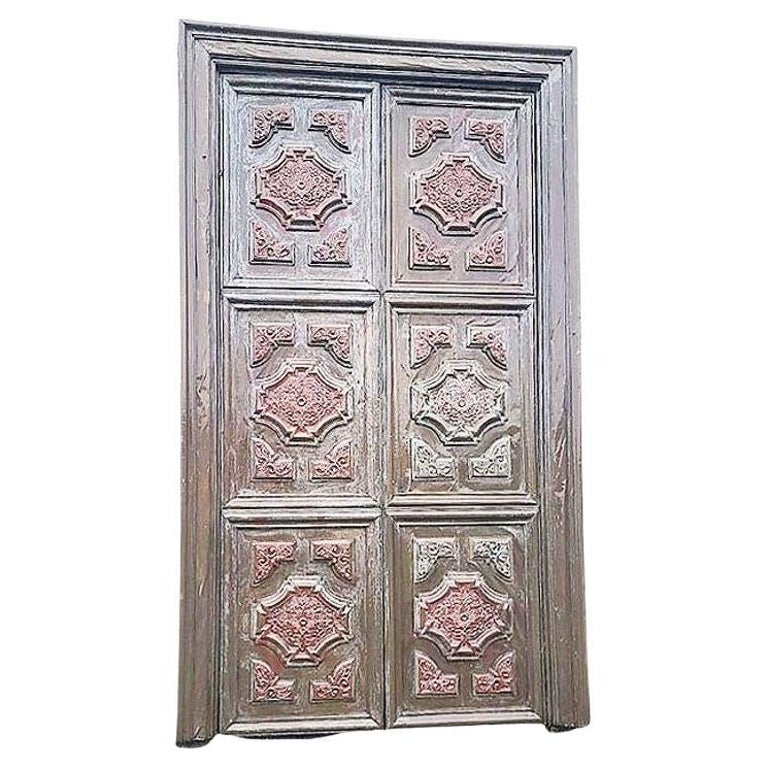 Large 8' Mediterranean Multipaneled Molding Bronze Covered Walnut Double Doors
