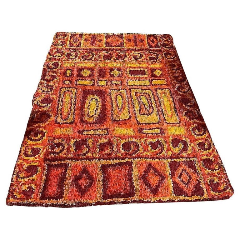 Mid-century 8' Foot Hand-Hooked Scandinavian Shag Rug w/ Abstract Design