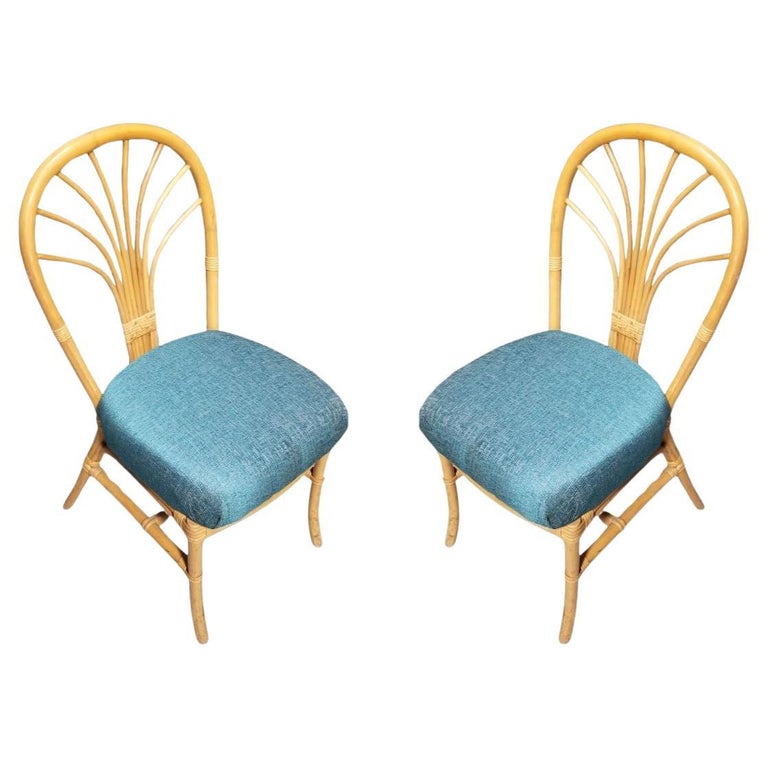 Restored Rattan Fan Back Dining Chairs, Pair