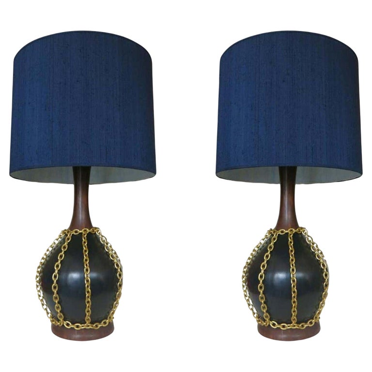 Large Midcentury Pottery Gold Tone Chain Lamps with Shade