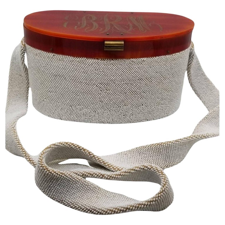 White Caviar Bead Box Purse w Tortoiseshell Celluloid Lid and Long Strap, 1950s