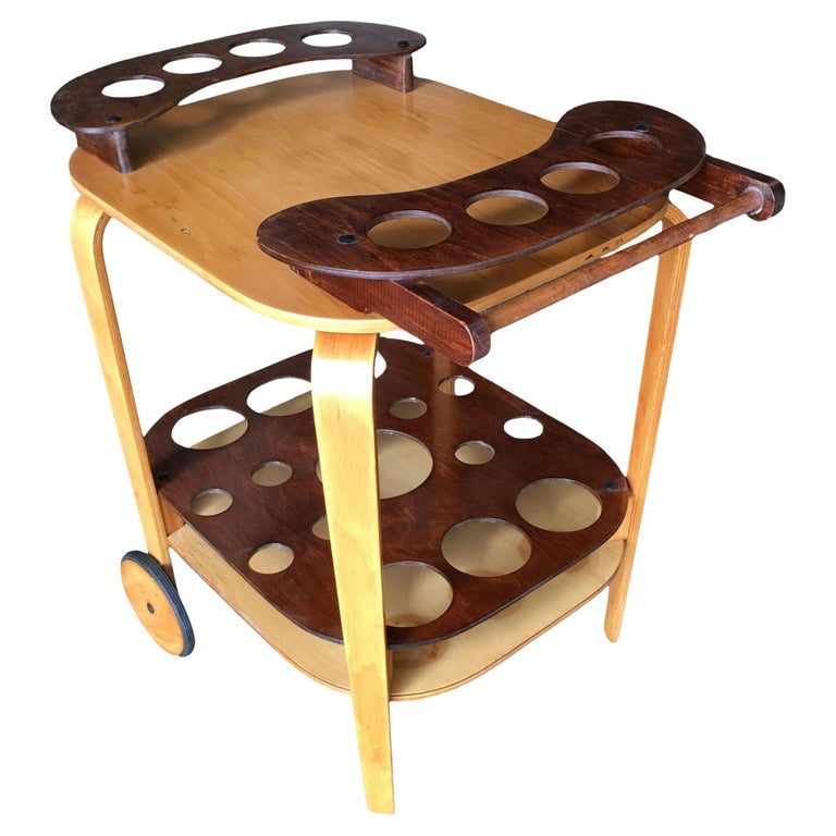 Midcentury Bent Birch Plywood Two-Tone Bar Cart