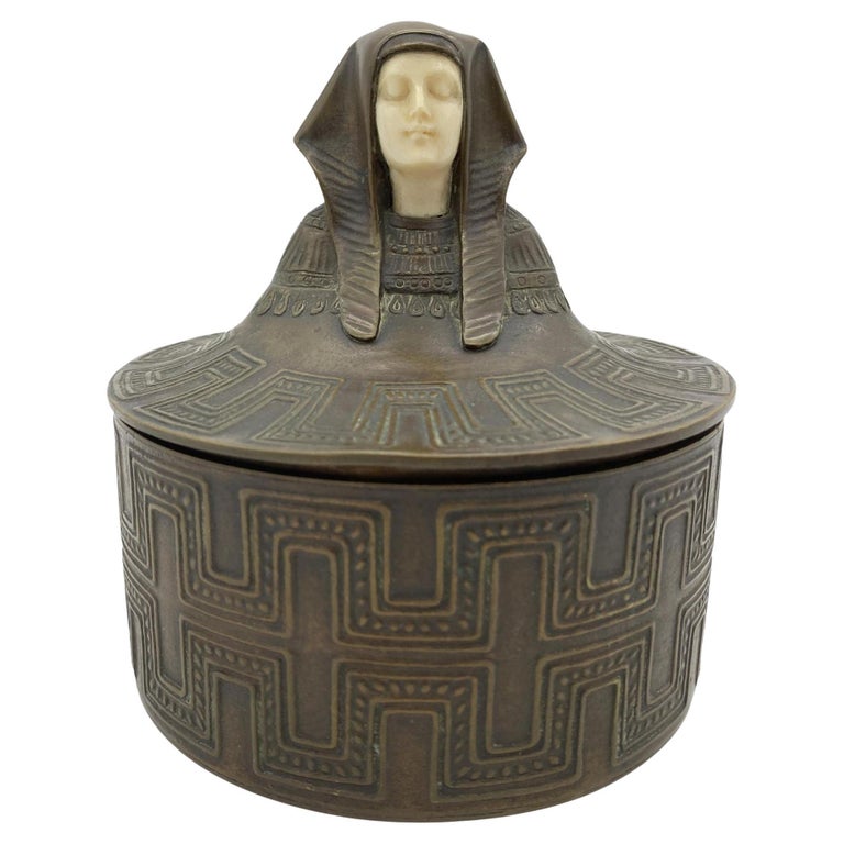 Egyptian Revival Bronze Round Pharaoh Case W/ Carved Bone Face, Circa 1920
